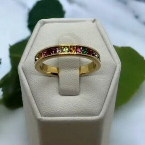 Lee Sands Eternity Rainbow Ring Size 9 Gold Tone Multi Color Gems Classic New - Picture 1 of 6